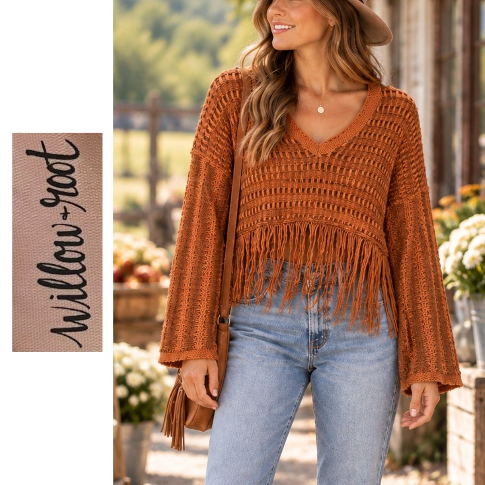 Willow & Root, Basketweave Fringe Cropped V-Neck Sweater Rust Orange Size Large